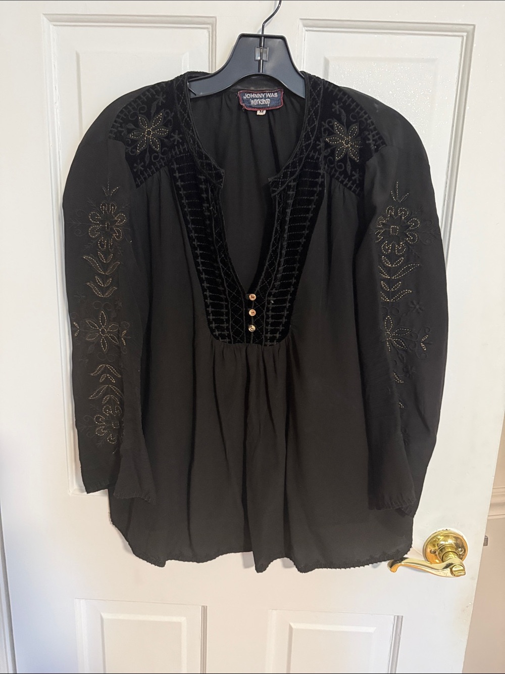 Johnny Was Black Embroidered Velvet-Trim Tunic